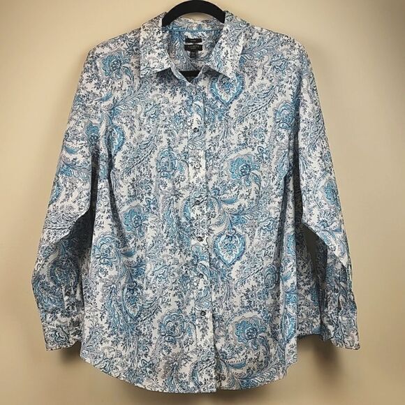 Talbot's Plus Size Non Iron Button Front Blouse Top Blue Paisley Size 18WP - Picture 1 of 10